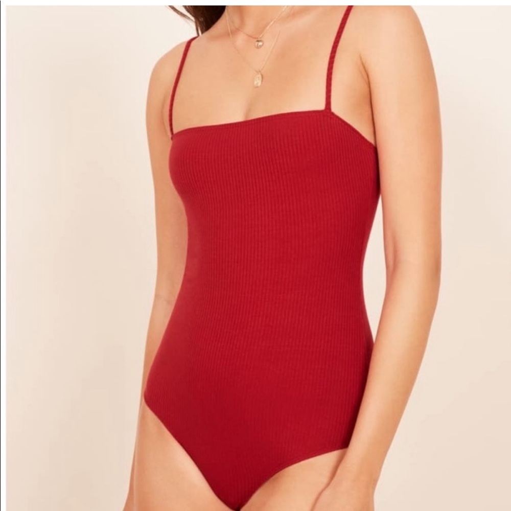 Reformation Jeans Crystal Ribbed Red Bodysuit